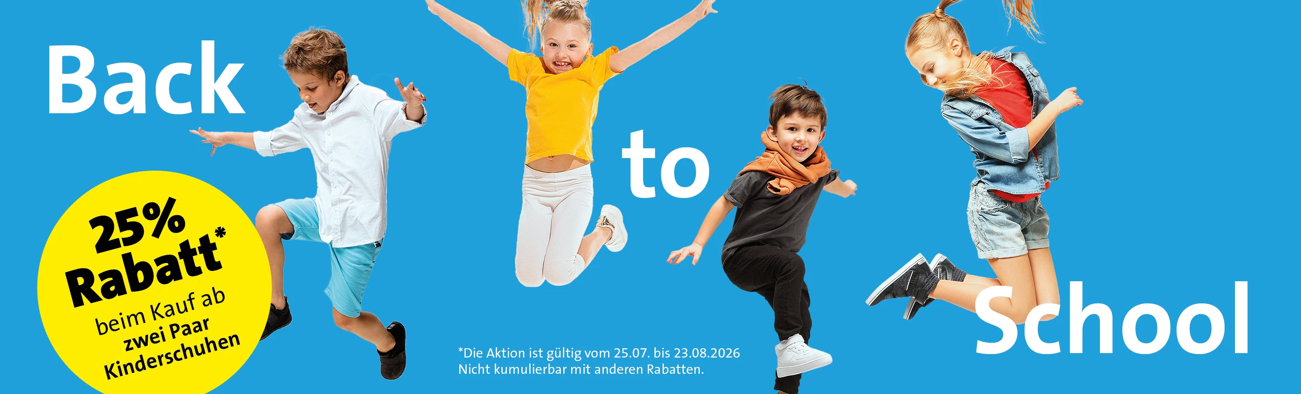 Back to School 25 % Rabatt ab 2 Schuhen Aktion - Darstellung von 4 Kinern welche in ihren neuen Schuhen hüfren